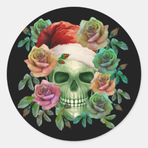 STICKER ROND PÈRE NOËL DRÔLE CRÂNE VERT ET FLORAL NOËL