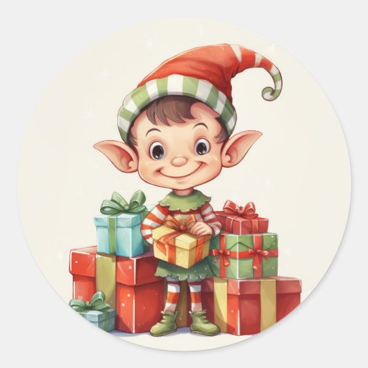 Sticker Rond Père Noël Elfe de Noël avec cadeaux (Devant)