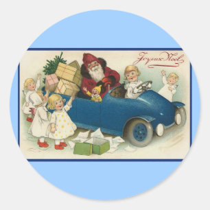 Sticker Rond Père Noël en voiture - Joyeaux Noel