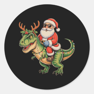 Sticker Rond Père Noël équitation Dinosaur T Rex Noël Rétro Noë