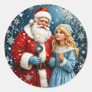Sticker Rond Père Noël et Snow Mainen dans un pays des merveill