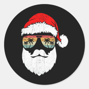 Sticker Rond Père Noël Face Retro Sungles Hawaii Noël Noël Noël