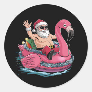 Sticker Rond Père Noël Flamant rose Floatie Noël En Juillet Été