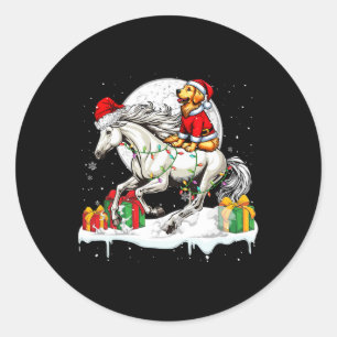 Sticker Rond Père Noël Golden Retriever équitation Cheval Noël