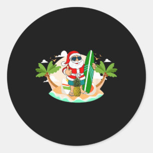 Sticker Rond Père Noël Hawaïen de Surf ou Noël de plage de surf