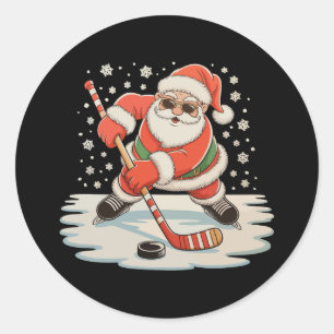 Sticker Rond Père Noël jouant au hockey sur glace Noël Xmas Spo