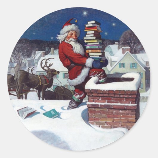 Sticker Rond Père Noël Livres à Noël, (Devant)