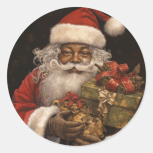 Sticker Rond Père Noël noire souriante : Bonnes Fêtes