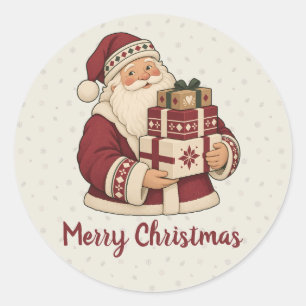 Sticker Rond Père Noël nordique avec une pile de boîtes de cade