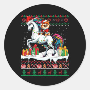 Sticker Rond Père Noël Pomeranian équitation Unicorn Sweat de N
