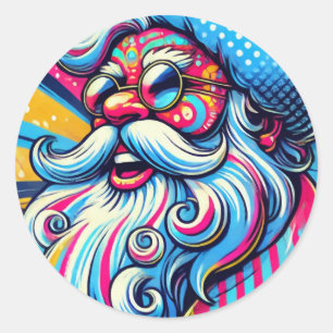 Sticker Rond Père Noël Pop Art Coloré Fête de Noël