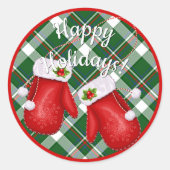 Sticker Rond Père Noël Red Mittens Sur Red Green Plaid Check Mo (Devant)