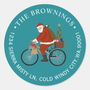 Sticker Rond Père Noël Riding a Bike Noël Adresse