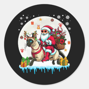 Sticker Rond Père Noël Riding Reindeer Birman Chat Noël Proprié