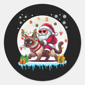 Sticker Rond Père Noël Riding Reindeer Siamese Chat Noël Propri