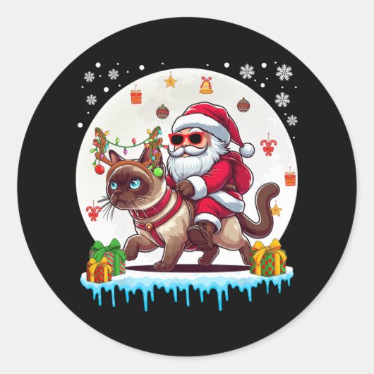 Sticker Rond Père Noël Riding Reindeer Siamese Chat Noël Propri (Devant)