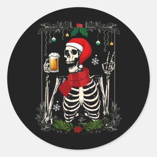 Sticker Rond Père Noël Skeleton Boire Bière Retro Joyeux Noël (Devant)