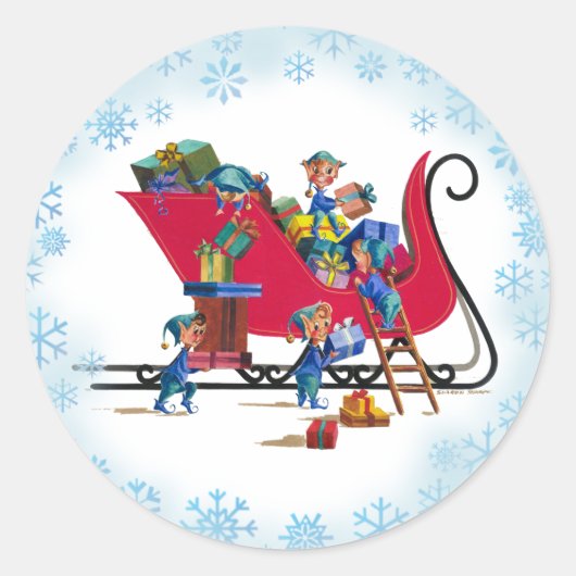 Sticker Rond PÈRE NOËL SLEIGH & ELVES par SHARON SHARPE (Devant)