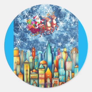 STICKER ROND PÈRE NOËL SUR LA VILLE