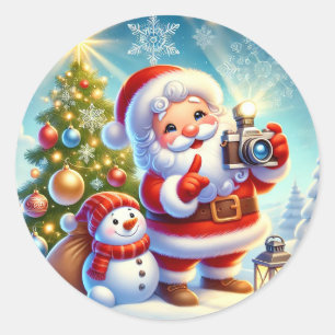 Sticker Rond Père Noël sur une scène de Noël festive