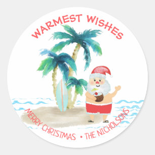 Sticker Rond Père Noël Surfant Tropical Meilleurs Vœux Noël