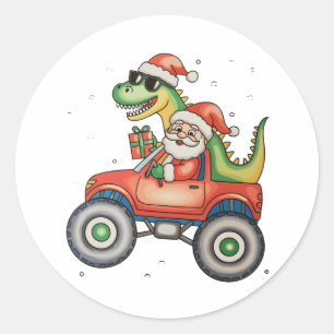 Sticker Rond Père Noël T Rex Dinosaur Monster Truck Noël Noël