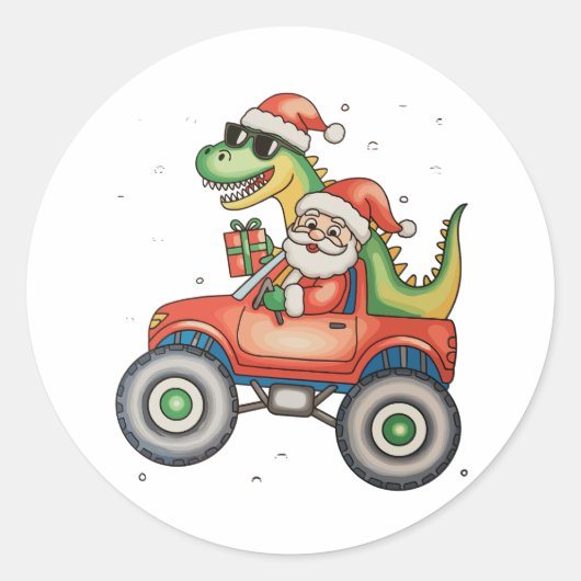 Sticker Rond Père Noël T Rex Dinosaur Monster Truck Noël Noël (Devant)