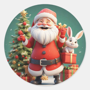 Sticker Rond Père Noël tenant un cadeau avec des lapins