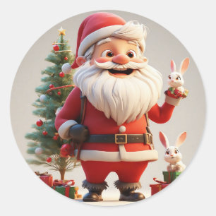 Sticker Rond Père Noël tenant un cadeau avec des lapins