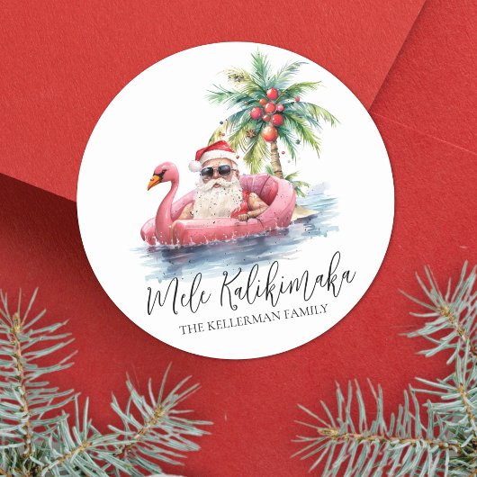 Sticker Rond Père Noël Tropical Beach Mele Kalikimaka Noël