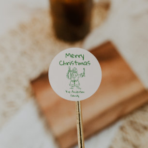 Sticker Rond Père Noël vert dessiné rétro Joyeux Noël