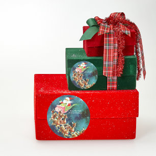 Sticker Rond Père Noël Vintage bleu et rennes personnalisés