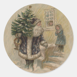 Sticker Rond Père Noël Vintage Neige Arbre de Noël