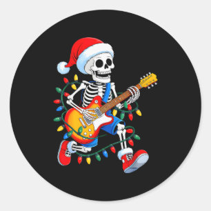 Sticker Rond Père Noël Xmas Squelette Jouant Guitare Rock Drôle