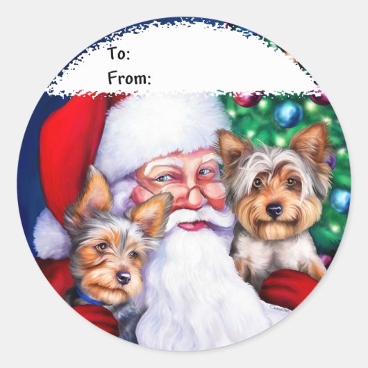 Sticker Rond Père Noël Yorkies à Noël (Devant)