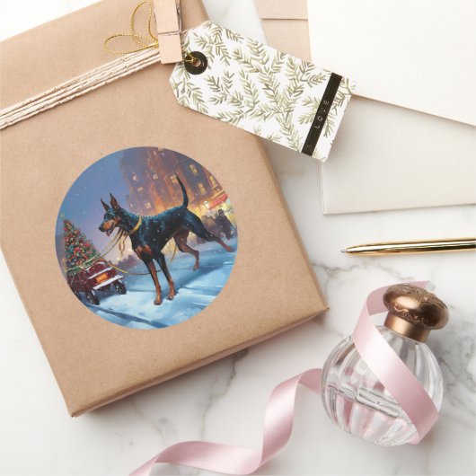 Sticker Rond Période de fêtes de Noël des Dobermann (Cadeaux)