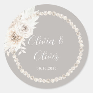 Sticker Rond Perles blanches beige gris Mariage Floral