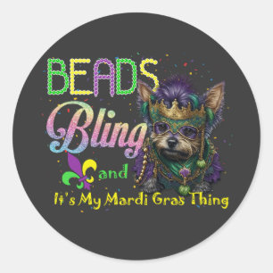 Sticker Rond Perles Bling Yorkie Mardi Gras Carnaval Mascarade
