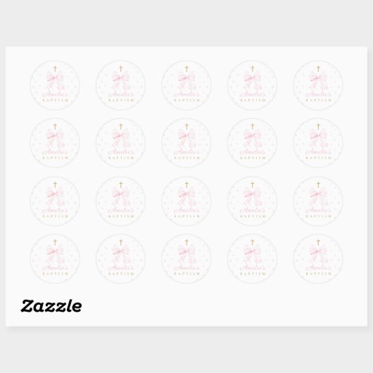 Sticker Rond Perles de Bow rose fille Baptême (Feuille)