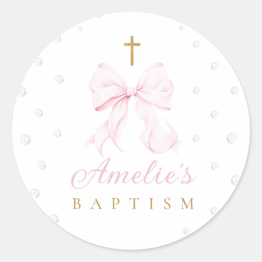 Sticker Rond Perles de Bow rose fille Baptême (Devant)