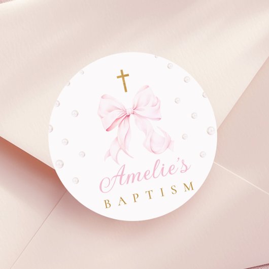 Sticker Rond Perles de Bow rose fille Baptême