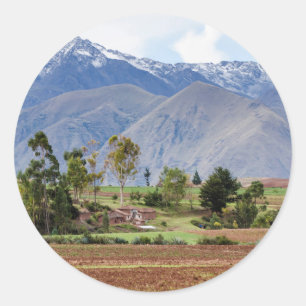 Sticker Rond Pérou, Maras. Paysage au-dessus de la Vallée sacré