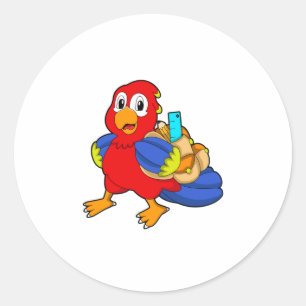 Sticker Rond Perroquet comme étudiant avec sac à dos
