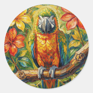 Sticker Rond Perroquet et fleur tropicale d'impasto coloré