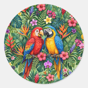 Sticker Rond Perroquets aras de la jungle Fleurs vibrantes