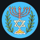 Sticker Rond Persian Magen David Menorah<br><div class="desc">Cette image a été adaptée à partir d'un carrelage juif perse antique et présente une menorah avec un Magen David (Étoile de David) encadré de branches d'olivier. Les imperfections de l'image originale peinte à la main ont été conservées.</div>