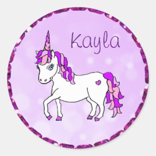 Sticker Rond Personalisé Purple Rainbow Horned Unicorn Heart