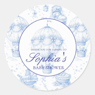 Sticker Rond Personalised Blue Toile de Jouy Baby Shower Stick