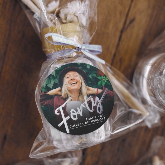 Sticker Rond Personalized 40th Birthday Photo Forty Silver