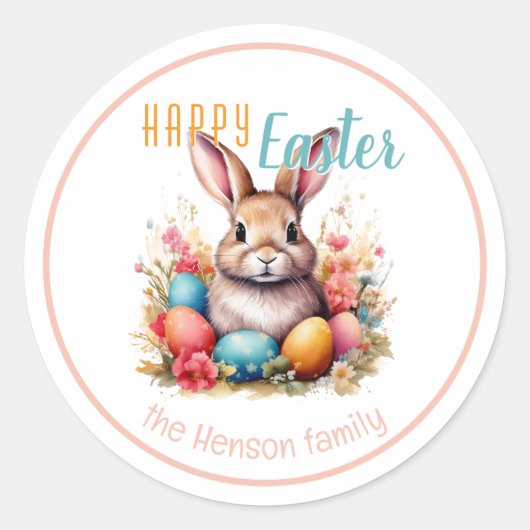 Sticker Rond Personalized Happy Easter Bunny Eggs Family  (Devant)